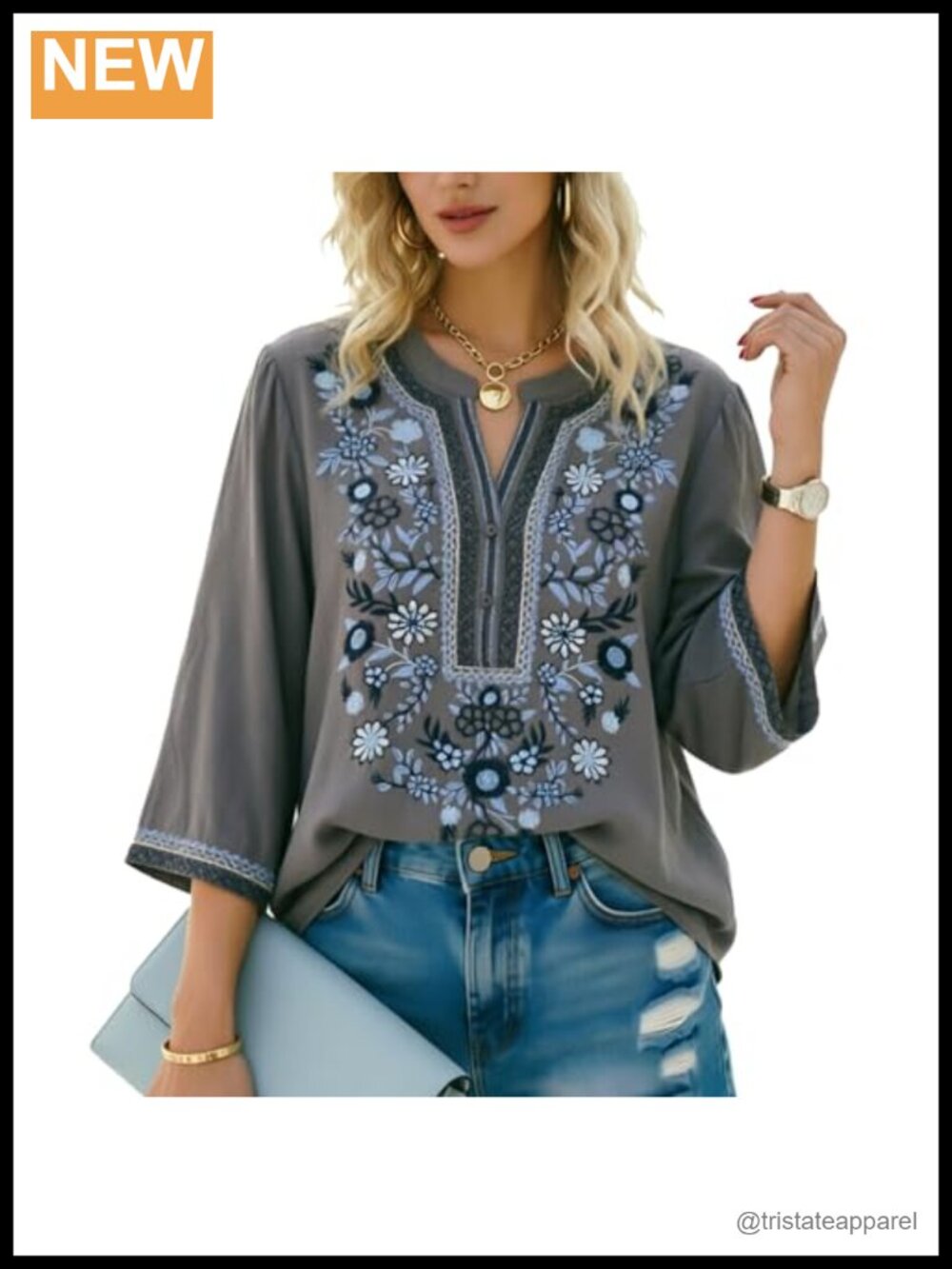 Mexican Embroidered Tunic 3/4 Sleeve Boho Peasant Blouse Plus Size